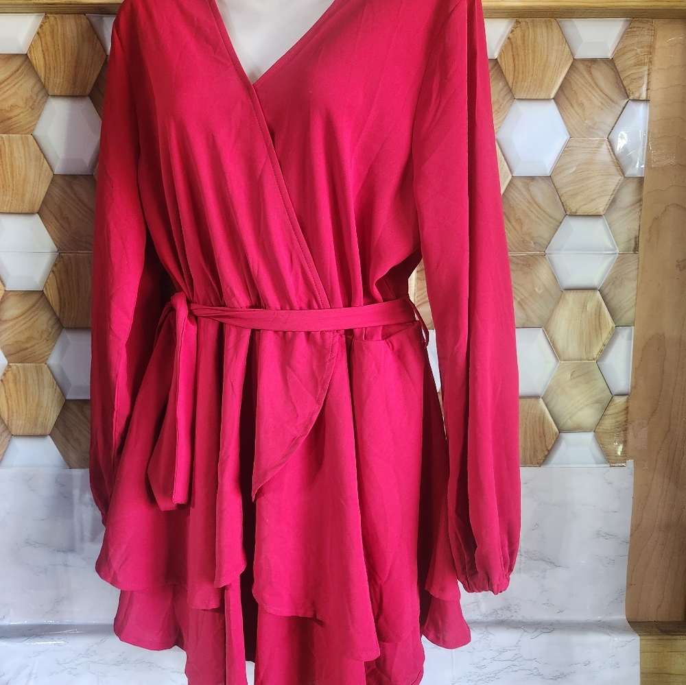 Red Ruffled Wrap Dress with Long Bishop Sleeves, CG–VR–00